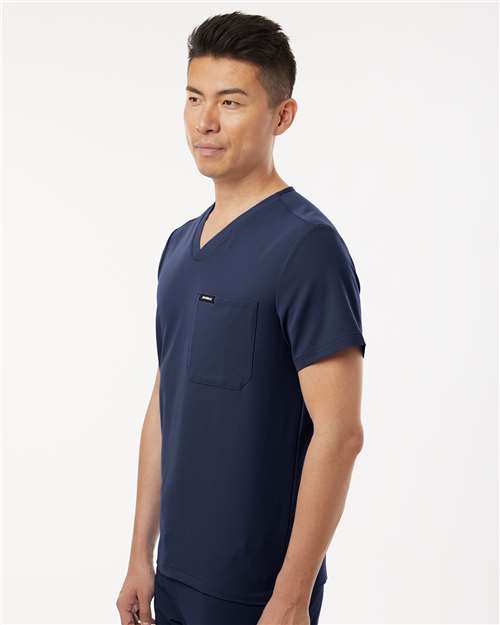 Jaanuu M10001 Men's Holmes Everyday 1-Pocket Scrub V-Neck Top - Midnight Navy - model side