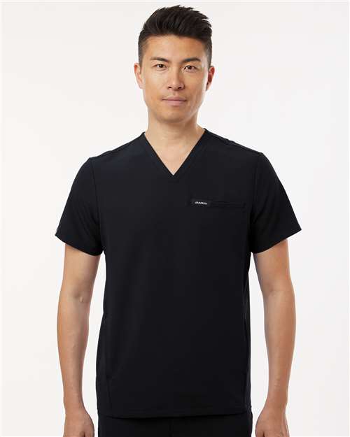 Jaanuu M10002 Men's Platt 3-Pocket Scrub V-Neck Top - Black - model front