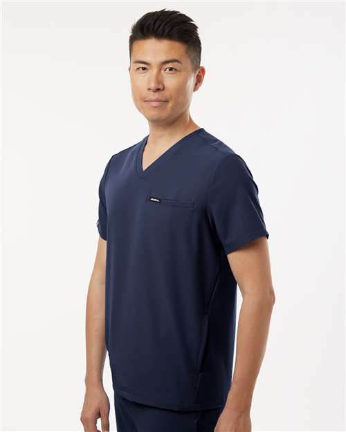 Jaanuu M10002 Men's Platt 3-Pocket Scrub V-Neck Top - Midnight Navy - model side