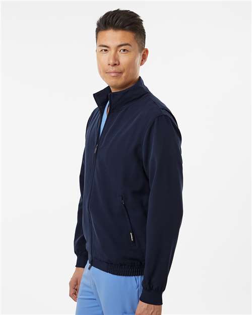 Jaanuu M60001 Men's Wolfe Everyday Full-Zip 6-Pocket Scrub Jacket - Midnight Navy - model side