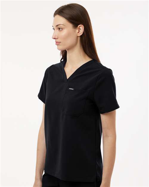 Jaanuu W10001 Women's Rhena Essential 1-Pocket Scrub V-Neck Top - Black - model side