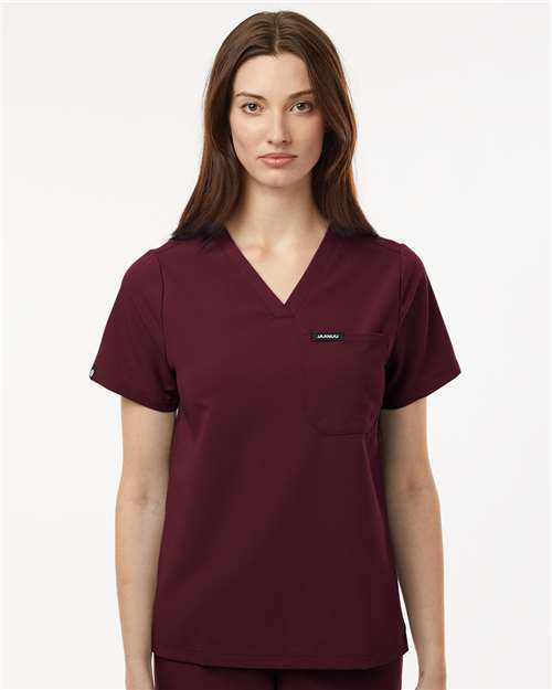 Jaanuu W10001 Women's Rhena Essential 1-Pocket Scrub V-Neck Top - Burgundy - model front