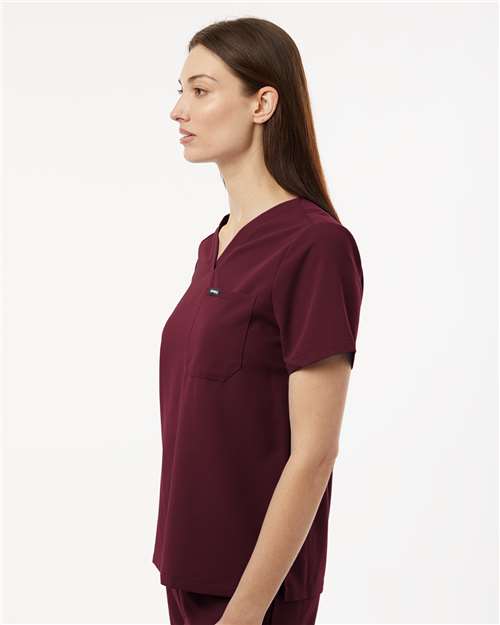 Jaanuu W10001 Women's Rhena Essential 1-Pocket Scrub V-Neck Top - Burgundy - model side