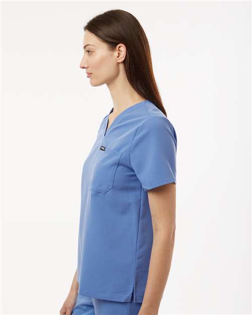 Jaanuu W10001 Women's Rhena Essential 1-Pocket Scrub V-Neck Top - Ceil Blue - model side