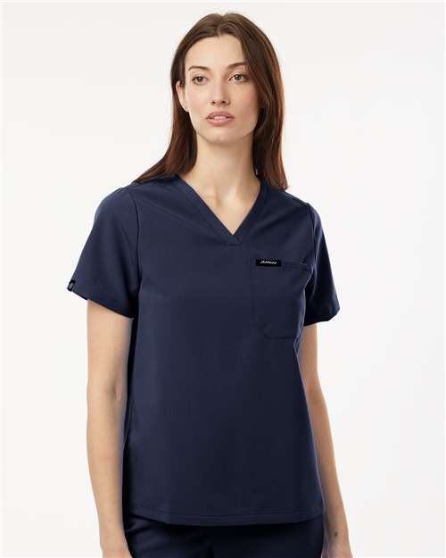 Jaanuu W10001 Women's Rhena Essential 1-Pocket Scrub V-Neck Top - Midnight Navy - model front