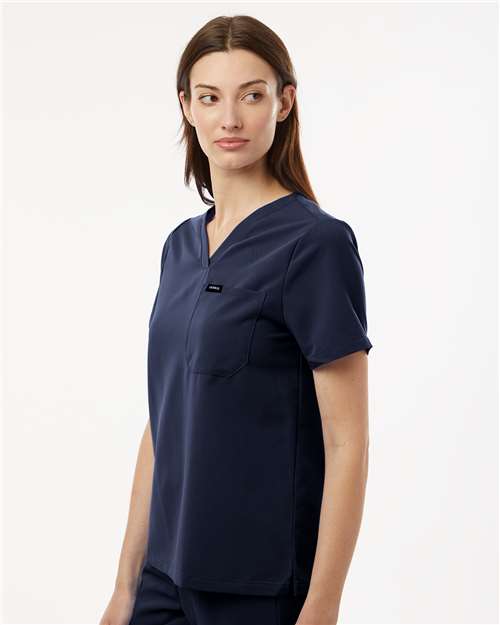 Jaanuu W10001 Women's Rhena Essential 1-Pocket Scrub V-Neck Top - Midnight Navy - model side