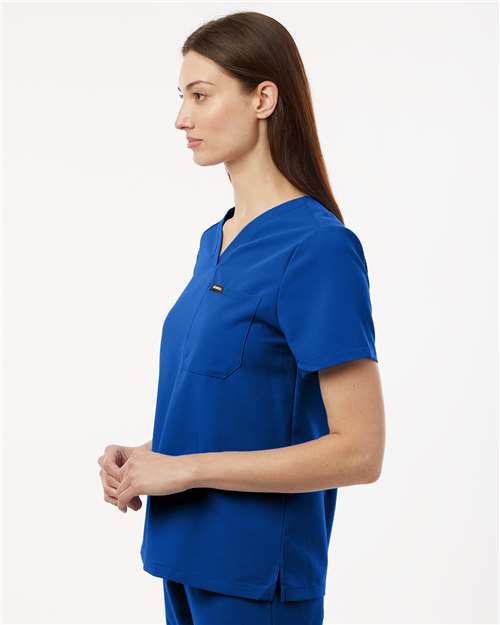 Jaanuu W10001 Women's Rhena Essential 1-Pocket Scrub V-Neck Top - Royal Blue - model side