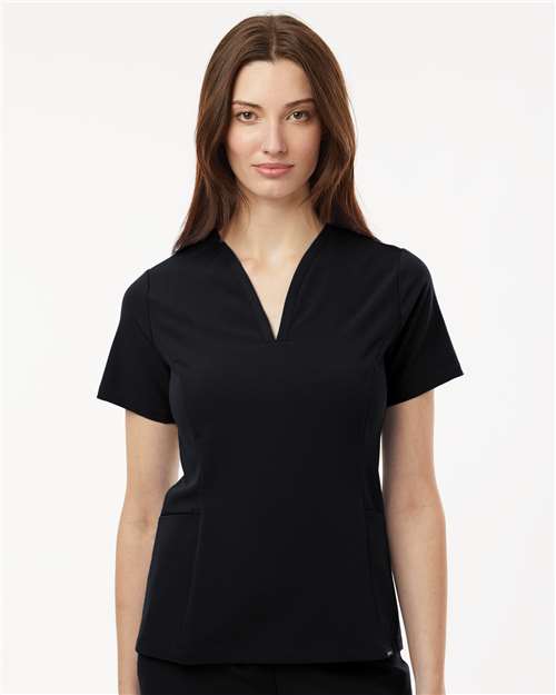 Jaanuu W10003 Women's Calix Fit & Flare Scrub V-Neck Top - Black - model front