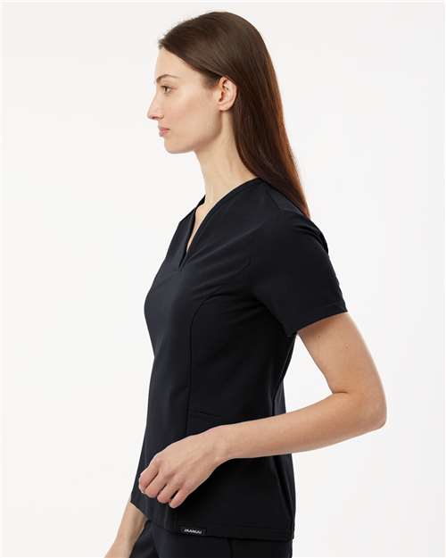 Jaanuu W10003 Women's Calix Fit & Flare Scrub V-Neck Top - Black - model side