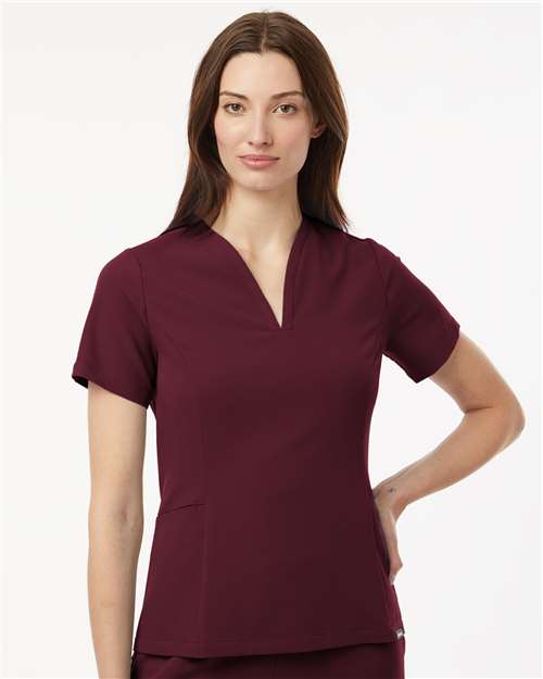 Jaanuu W10003 Women's Calix Fit & Flare Scrub V-Neck Top - Burgundy - model front