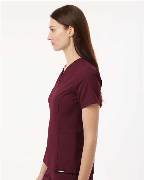 Jaanuu W10003 Women's Calix Fit & Flare Scrub V-Neck Top - Burgundy - model side
