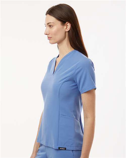 Jaanuu W10003 Women's Calix Fit & Flare Scrub V-Neck Top - Ceil Blue - model side