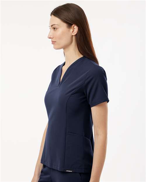 Jaanuu W10003 Women's Calix Fit & Flare Scrub V-Neck Top - Midnight Navy - model side