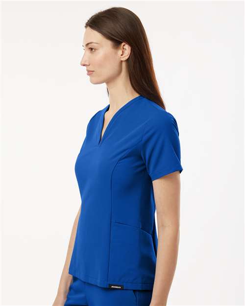 Jaanuu W10003 Women's Calix Fit & Flare Scrub V-Neck Top - Royal Blue - model side