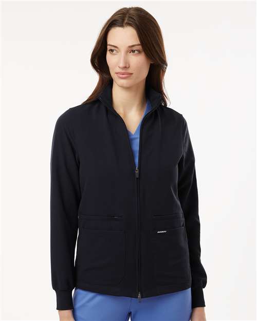 Jaanuu W60001 Women's Ceri Essential Full-Zip 6-Pocket Scrub Jacket - Black - model front