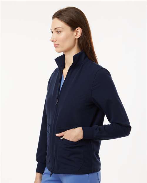 Jaanuu W60001 Women's Ceri Essential Full-Zip 6-Pocket Scrub Jacket - Midnight Navy - model side