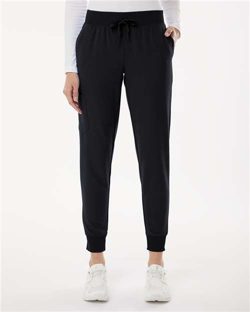 Jaanuu W20003P Women's Petite Sizes Silex Knit-Waist Scrub Joggers - Black - model front