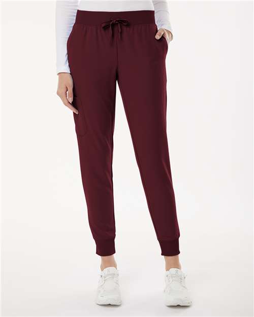 Jaanuu W20003P Women's Petite Sizes Silex Knit-Waist Scrub Joggers - Burgundy - model front