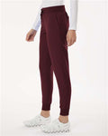 Jaanuu W20003P Women's Petite Sizes Silex Knit-Waist Scrub Joggers - Burgundy - model side