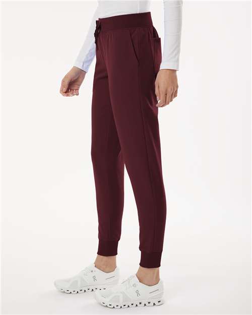 Jaanuu W20003P Women's Petite Sizes Silex Knit-Waist Scrub Joggers - Burgundy - model side