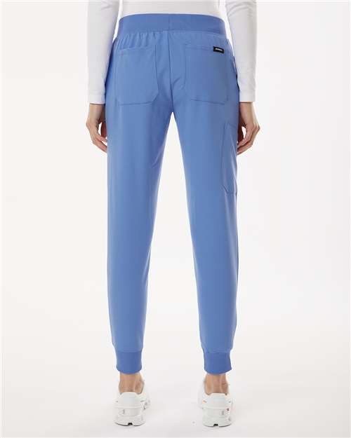 Jaanuu W20003P Women's Petite Sizes Silex Knit-Waist Scrub Joggers - Ceil Blue - model back