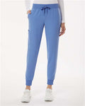 Jaanuu W20003P Women's Petite Sizes Silex Knit-Waist Scrub Joggers - Ceil Blue - model front