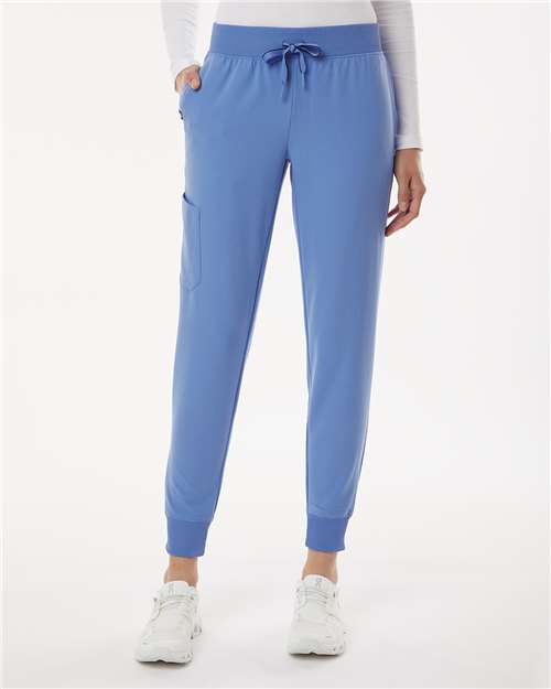 Jaanuu W20003P Women's Petite Sizes Silex Knit-Waist Scrub Joggers - Ceil Blue - model front