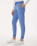 Jaanuu W20003P Women's Petite Sizes Silex Knit-Waist Scrub Joggers - Ceil Blue - model side