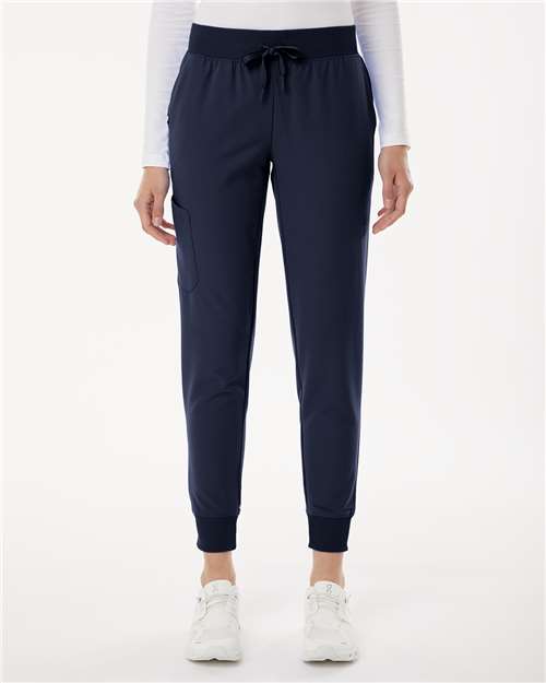 Jaanuu W20003P Women's Petite Sizes Silex Knit-Waist Scrub Joggers - Midnight Navy - model front