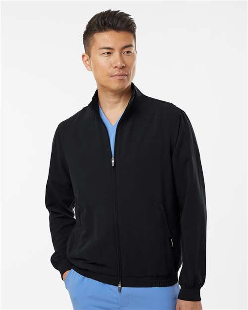 Jaanuu M60001 Men's Wolfe Everyday Full-Zip 6-Pocket Scrub Jacket - Black - model front