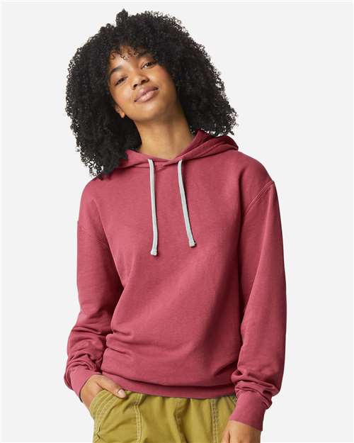Comfort Colors 1467 Unisex Garment-Dyed Lightweight Hooded Sweatshirt - Crimson - model front