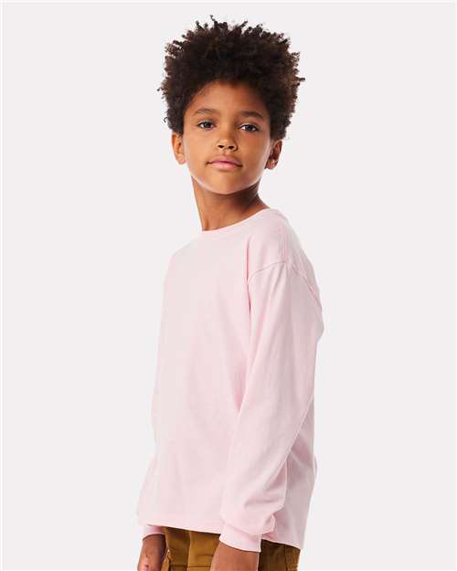 BELLA + CANVAS 3511Y Youth 6oz. Heavyweight Long Sleeve Tee - Soft Pink - model side