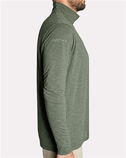 ANETIK MVQTRL9 Men's Low Pro Quarter-Zip Pullover - Dark Olive Heathered - model side