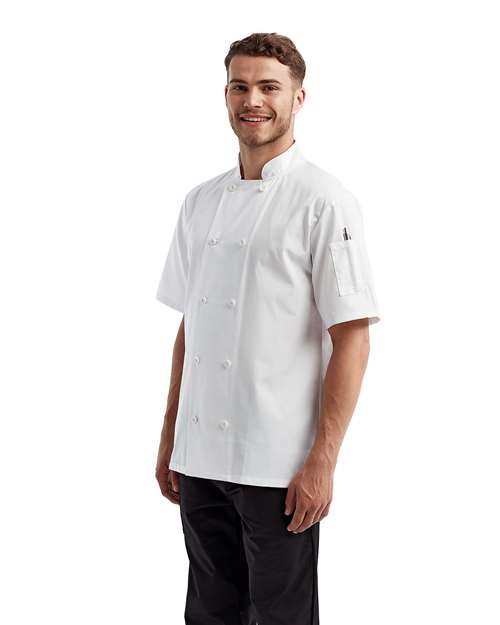 Artisan Collection by Reprime RP656 Unisex Short Sleeve Recycled Chef Coat - White - model side