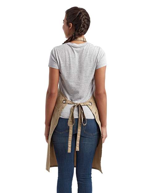 Artisan Collection by Reprime RP121 Barley Contrast Stitch Recycled Bib Apron - Khaki/ Brown - model back