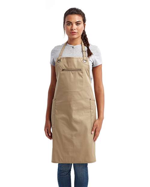 Artisan Collection by Reprime RP121 Barley Contrast Stitch Recycled Bib Apron - Khaki/ Brown - model front