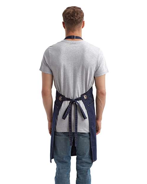 Artisan Collection by Reprime RP121 Barley Contrast Stitch Recycled Bib Apron - Navy/ Camel - model back