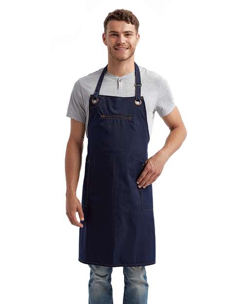 Artisan Collection by Reprime RP121 Barley Contrast Stitch Recycled Bib Apron - Navy/ Camel - model front