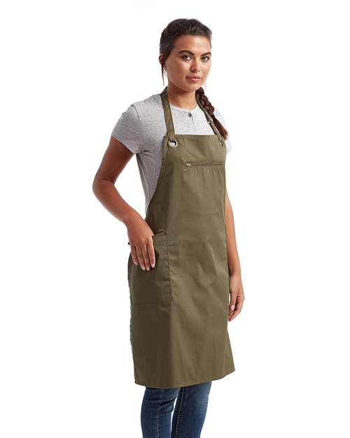 Artisan Collection by Reprime RP121 Barley Contrast Stitch Recycled Bib Apron - Olive/ Chestnut - model side