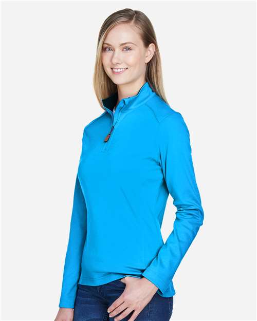 Devon & Jones DG479W Women's DRYTEC20 Performance Quarter-Zip Pullover - Ocean Blue/ Navy/ Ocean Blue - model side