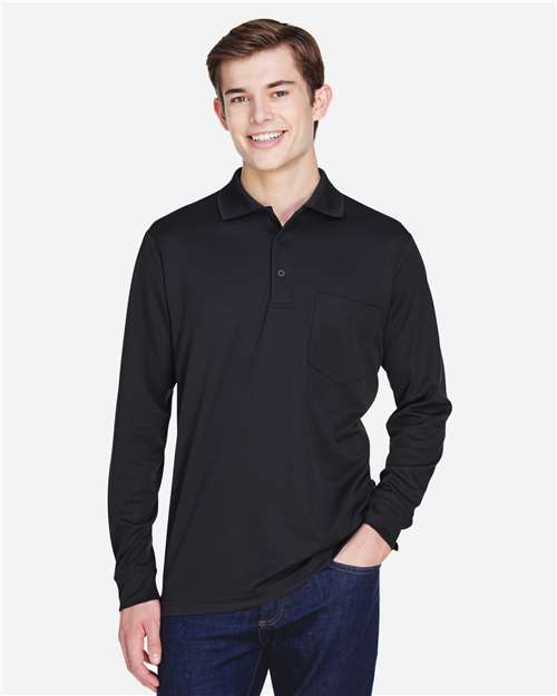 Core 365 88192P Men's Pinnacle Performance Long Sleeve Piqué Polo with Pocket - Black - model front
