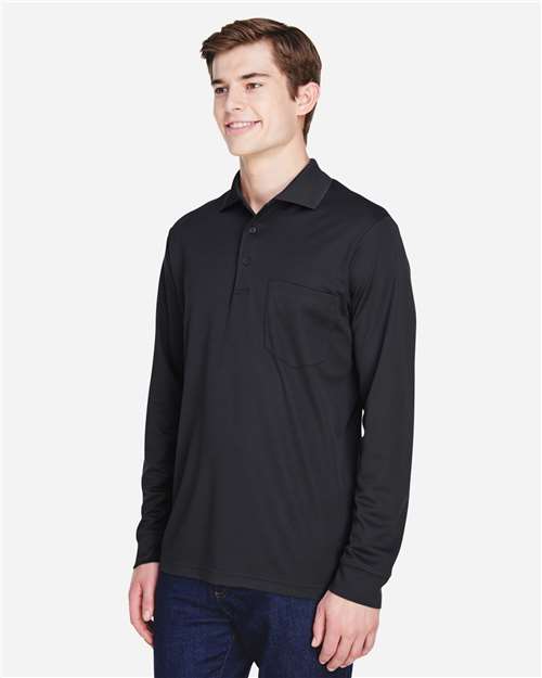 Core 365 88192P Men's Pinnacle Performance Long Sleeve Piqué Polo with Pocket - Black - model side