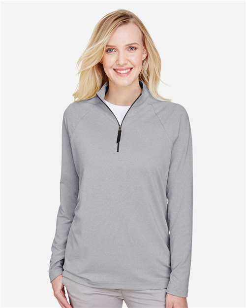 Devon & Jones DG480W Women's CrownLux Performance Clubhouse Micro-Stripe Quarter-Zip Pullover - Black - model front