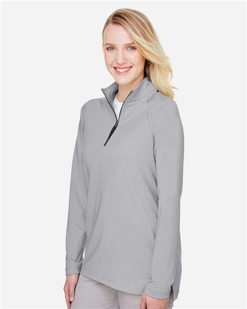 Devon & Jones DG480W Women's CrownLux Performance Clubhouse Micro-Stripe Quarter-Zip Pullover - Black - model side