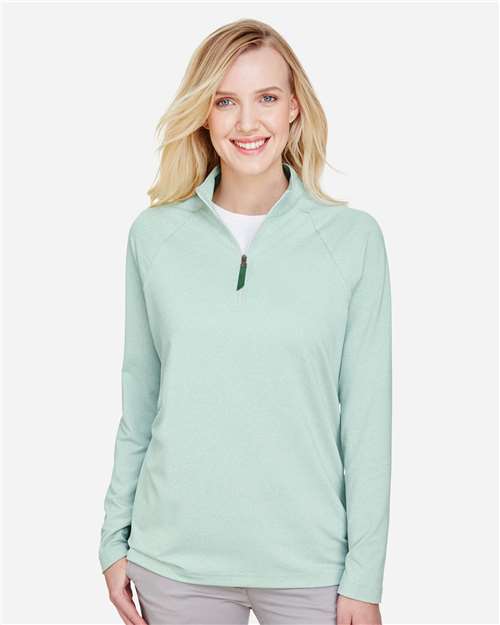 Devon & Jones DG480W Women's CrownLux Performance Clubhouse Micro-Stripe Quarter-Zip Pullover - Kelly Green - model front