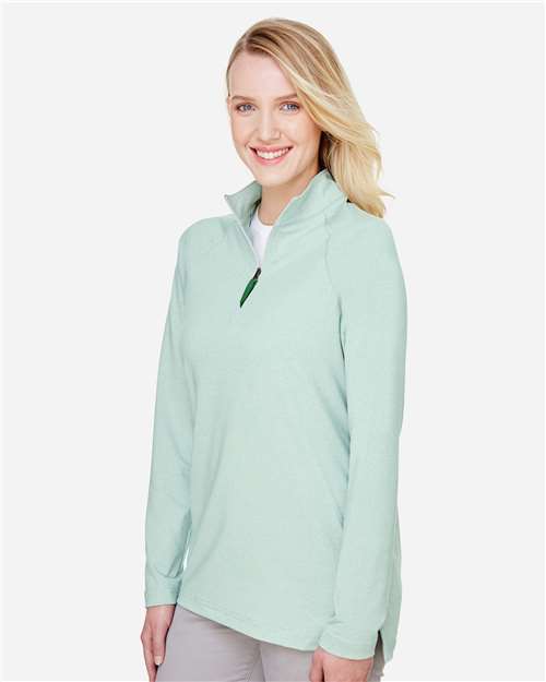 Devon & Jones DG480W Women's CrownLux Performance Clubhouse Micro-Stripe Quarter-Zip Pullover - Kelly Green - model side