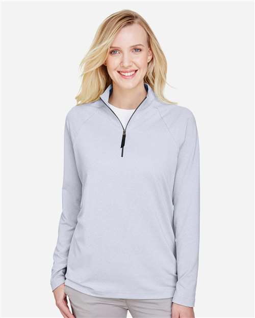 Devon & Jones DG480W Women's CrownLux Performance Clubhouse Micro-Stripe Quarter-Zip Pullover - Navy - model front