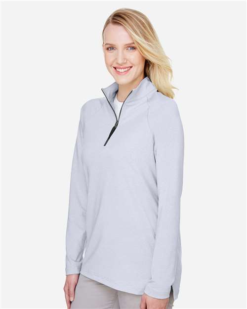 Devon & Jones DG480W Women's CrownLux Performance Clubhouse Micro-Stripe Quarter-Zip Pullover - Navy - model side