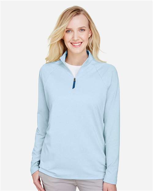 Devon & Jones DG480W Women's CrownLux Performance Clubhouse Micro-Stripe Quarter-Zip Pullover - Ocean Blue - model front
