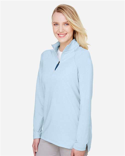 Devon & Jones DG480W Women's CrownLux Performance Clubhouse Micro-Stripe Quarter-Zip Pullover - Ocean Blue - model side